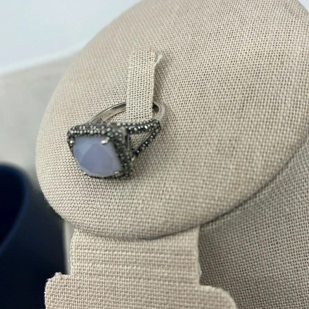 💎 Rare QVC Sterling Silver Gray Chalcedony & Marcasite Ring - Size 7 - Picture 7 of 17